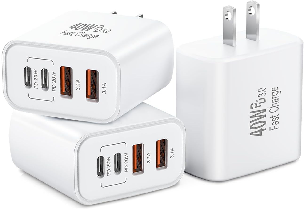 iPhone 17 USB C Fast Charger Block 3-Pack 40W USB C Charging Block 4-Port Dual Port PD QC