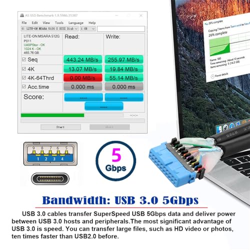 Image of Cablecc 5Gbps 19 /20Pin USB3.0 Motherboard to Dual Ports USB 3.0 & USB-C Type-C Female PCI-E Back Panel Cable 50cm