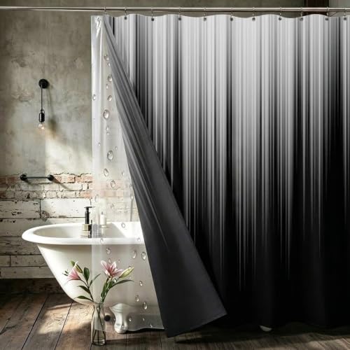 Image of AAtter 3 in 1 Black White Gothic Shower Curtain Set, 72x72 Inch, 12 Hooks | Polyester Fabric with PEVA Liner, Dark Grey Ombre Pattern, Modern Abstract Style, Standard Bathroom Decor for Men