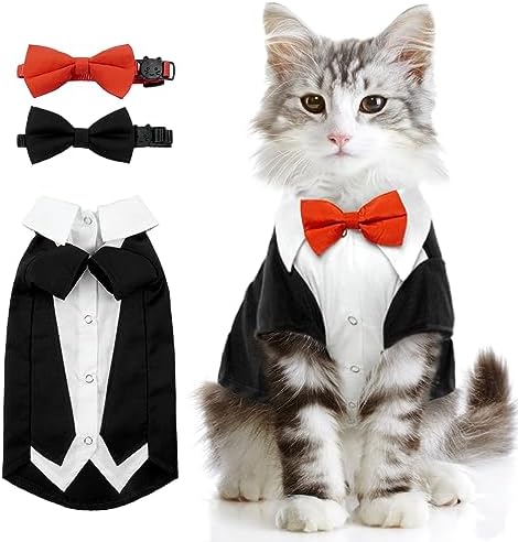 DENTRUN Cat Tuxedo Suit with Two Bow Tie, Stylish Cat Shirt Formal Outfit, Hairless Cat Fashion Apparel Fancy Clothes, Kitten Formal Attire Wedding Onesie Costume for Cats Only
