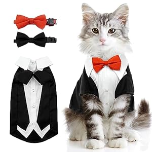 DENTRUN Cat Tuxedo Suit with Two Bow Tie, Stylish Cat Shirt Formal Outfit, Hairless Cat Fashion Apparel Fancy Clothes, Kitten Formal Attire Wedding Onesie Costume for Cats Only