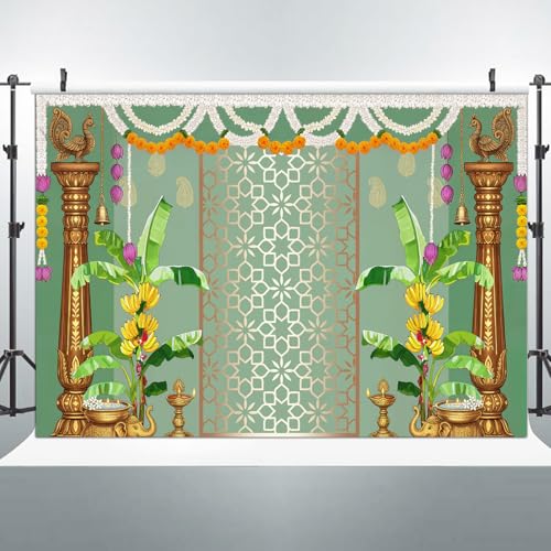 Image of India Pooja Backdrop Decorations, Traditional Banana Leaf Marigold Garland Photography Background for India Wedding, Haldi, Mehendi, Diwali, Housewarming, Festival Decoration Wall Decor Props 7X5FT
