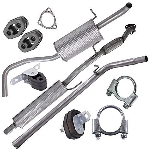BESTPRICE Auspuff Schalldämpfer Set 1x Mittelschalldämpfer, 1x Endschalldämpfer, 1x Abgasrohr, mit Montagematerial,
