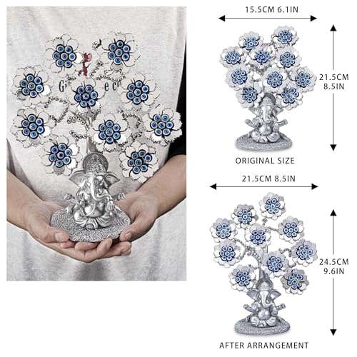 HDCRYSTALGIFTS Evil Eye Flowers Lucky Artificial Tree with Silver Ganesha Hindu Elephant God Statue Home Office Feng Shui Protection Ornament Sculpture Table Room Decor Gift - Image 2