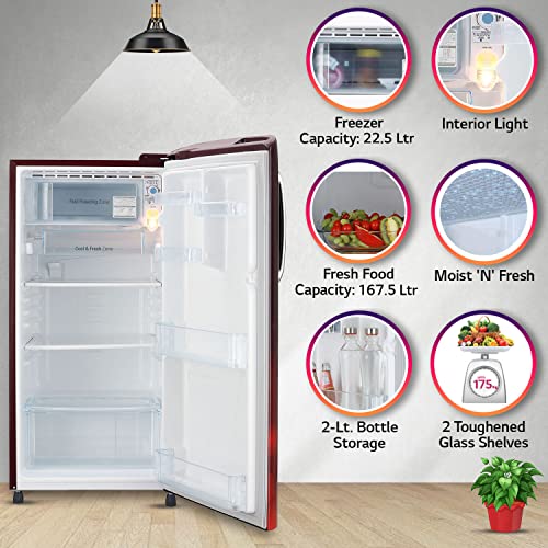 Image of LG 190L 5 Star Smart Inverter Direct-Cool Single Door Refrigerator (GL-B201ASCZ, Scarlet Charm, Fastest Ice Making), Free 1 Year Extended warranty