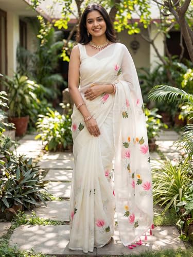 Image of AKHILAM Women's Cotton Saree with White Daisy Floral Prints Tassel Pallu Lightweight Summer Saree