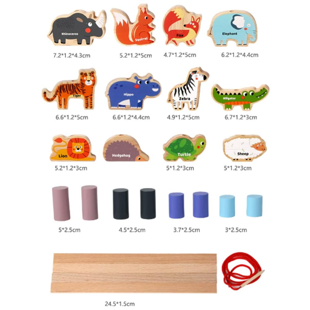 Juguete Montessori 2 en 1 de Madera para Apilar y Equilibrar Animales | Enhebrar cuentas apilar bloques, juego equilibrio animales bosque, juguete educativo habilidades motrices finas