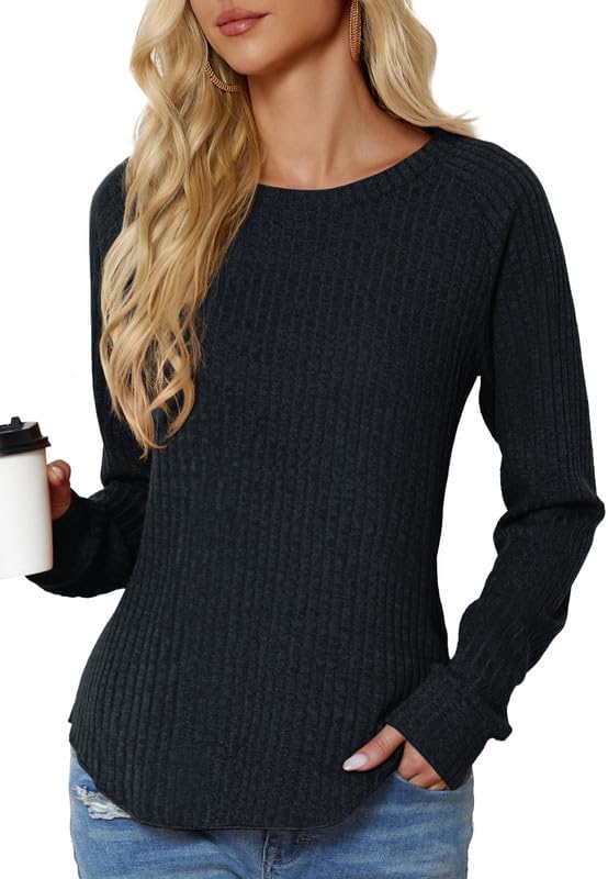 Spring Lightweight Sweatshirts for Women Long Sleeve Fashion Trendy Blouses Woman Basic Tunics Sweater Dressy Casual 2025 Dark Grey M