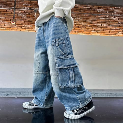 Boys Baggy Cargo Jeans Denim Wide Leg Straight Pants Loose Fit Casual Trousers Kids Clothes3