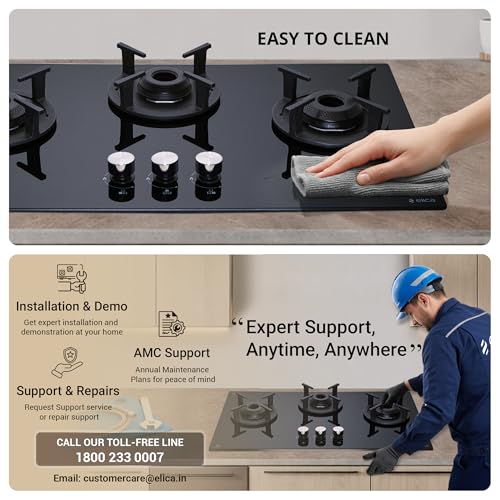 Image of Elica 60cm 3 Burner Auto Ignition Hob | RG FLEXI 360 LOTUS IND HD Brass | SABAF Brass Burners | Built-in & Freestanding | Toughened Black Glass | 10-Year Burner & 5-Year Glass Warranty