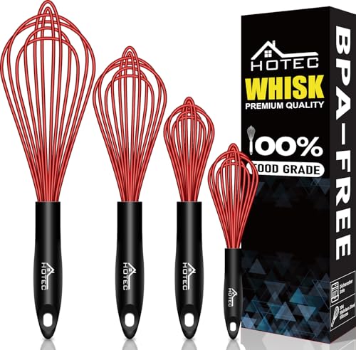 HOTEC 4 Pieces Silicone Whisks Set, Wire Balloon Whisks for cooking Egg Beater, Non-slip Handle...