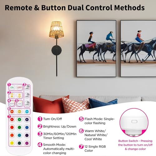 Image of Boho Battery Operated Wall Sconce Set of 2, Black Rattan Rechargeable Wall Lights with Dimmable Bulbs and Remote,15 Colors Wireless Wall Lamps for Bedroom Living Room Hallway Decor
