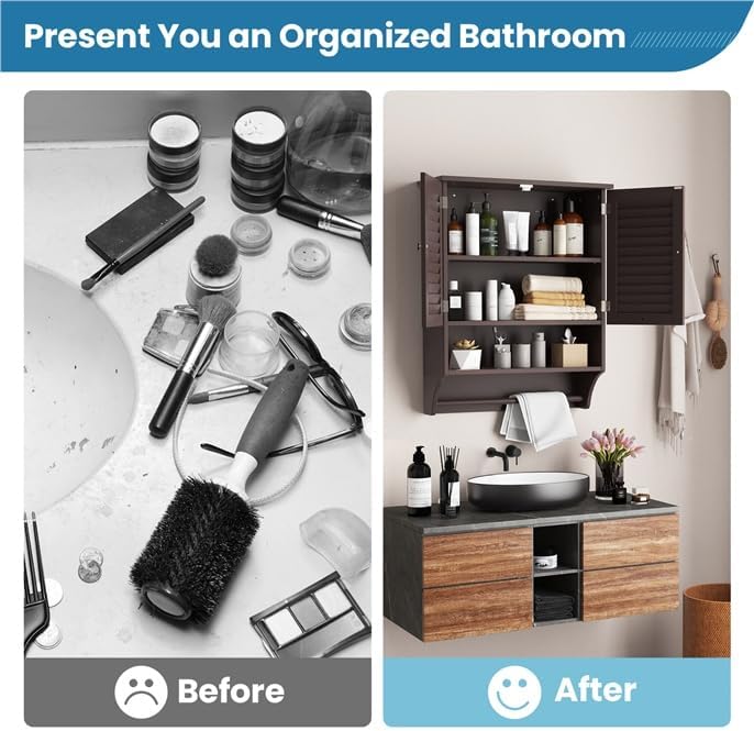 MAT EXPERT Bathroom Wall Cabinet, Hanging Storage Cabinet w/Louvered Doors, Adjustable Shelf & Towel Bar, Over The Toilet Cabinet, Space-Saver Medicine Cabinet for Laundry Room Bathroom (Espresso)