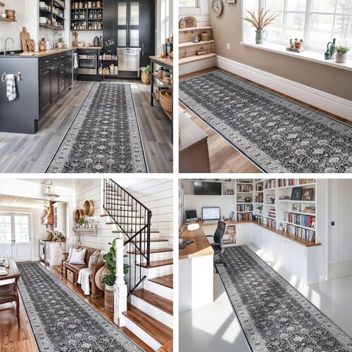 Hallway Washable Runner Rug - 3x20 Kitchen Rugs Entryway Rug Long Runner Vintage Soft Floor Mat Non Slip Indoor Farmhouse Carpet for Bathroom Living Room Bedroom (3 X 20, Black)