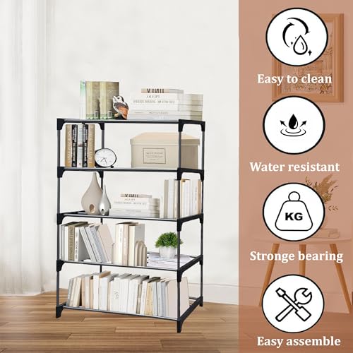Image of 5 Tier Metal Book Shelf Tall Narrow Storage Rack for Kids and Adults Modern Bookshelf Unit for Nursery, School, Home, and Office, Floor Mount Open, Black