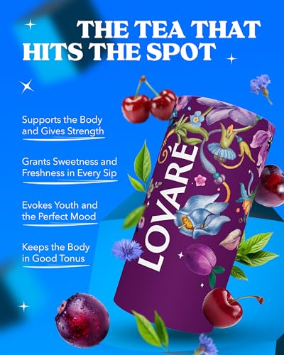 LOVARE Night Beautea Loose Leaf Tea 80 g - Made in Ukraine - Ceylon Black Tea, Cherry Berries, Cornflower Petals, Royal Pomegranate Plum Aroma - Tea Lovers Gift Box with 15 Paper Filters