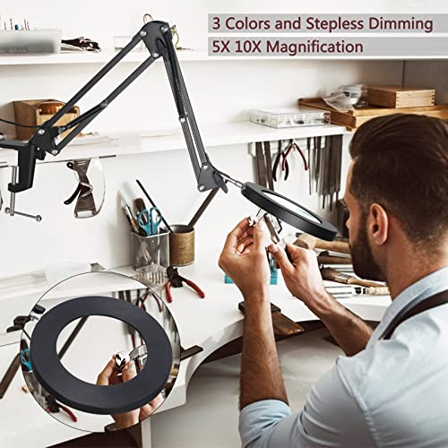 5X & 10X Magnifying Glass With Light And Stand, Kirkas 2-In-1 Stepless Dimmable And 3 Color Modes Led Magnifying Desk Lamp, 10X Ultra-High Magnification Glass Lens For Precision Machinery Repair-Black #TOP5