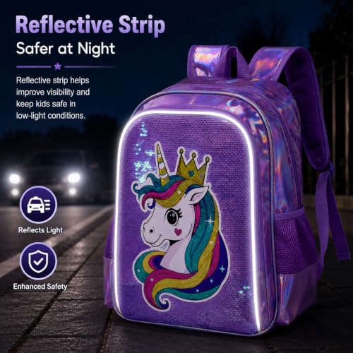 Image of CCJPX 16 inch Unicorn Backpack for Girls, 3Pcs Kids Sequin Bookbag with Lunch Box, Water Resistant Elementary School Bag for Kindergarten Preschool Toddler (Purple)