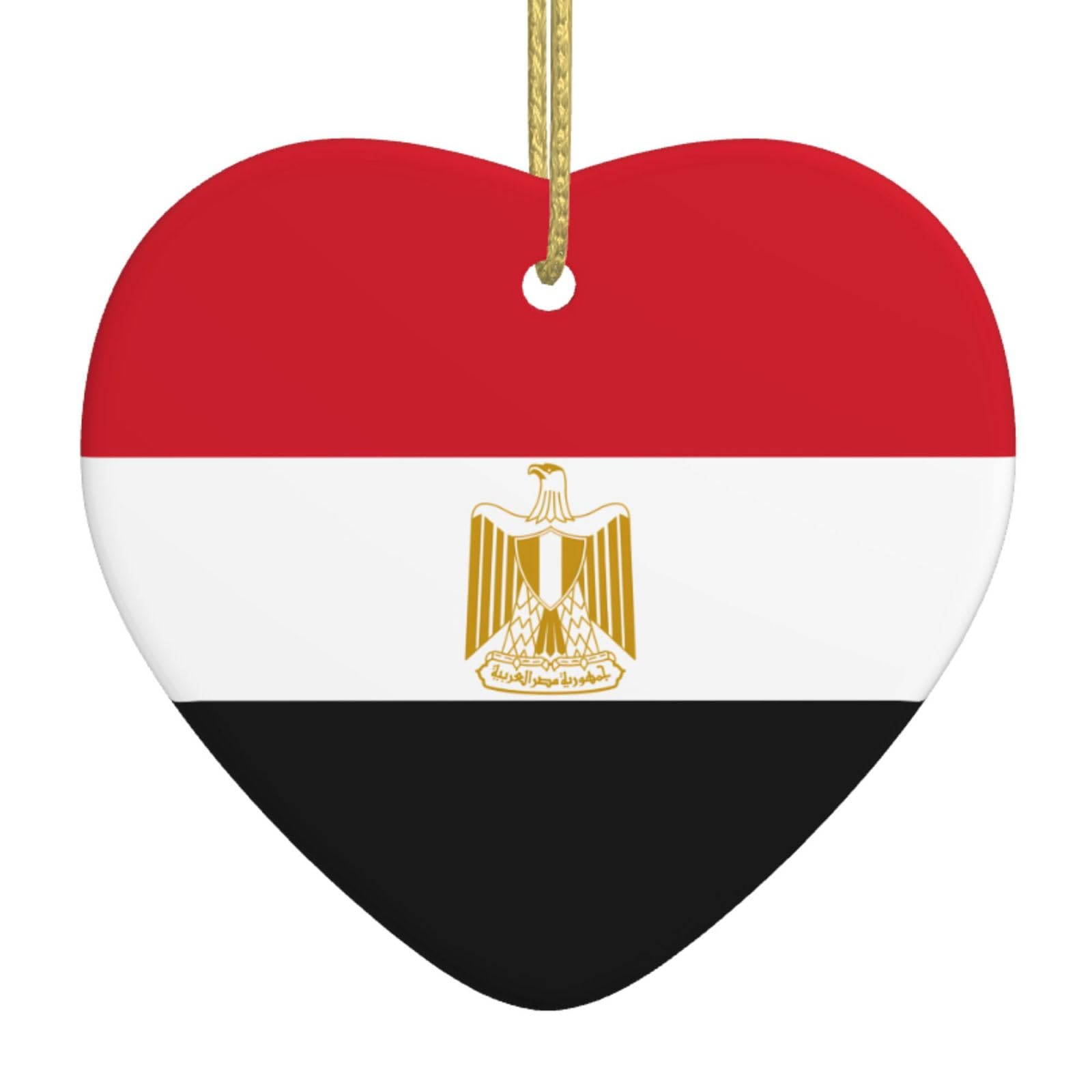 Egyptian Flag Ceramic Christmas Heart Pendant with Silk Thread, Christmas Tree Home Decoration