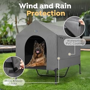 Veehoo Dog House 2 in 1 Large Elevated Cot Dog Bed Dog House Outdoor Indoor Weatherproof Cozy Outside Dog Shade Dog Tent Three Sided Breathable Mesh Windows and Sunshades CWC2435CP