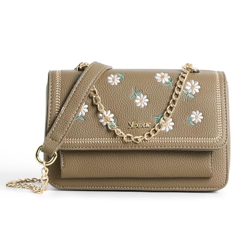 Image of EXOTIC Fiora Daisy Sling Bag for Women | Embroidered Floral Leatherette Crossbody Handbag with Chain Detail & Flap Closure | Elegant Casual & Party Purse