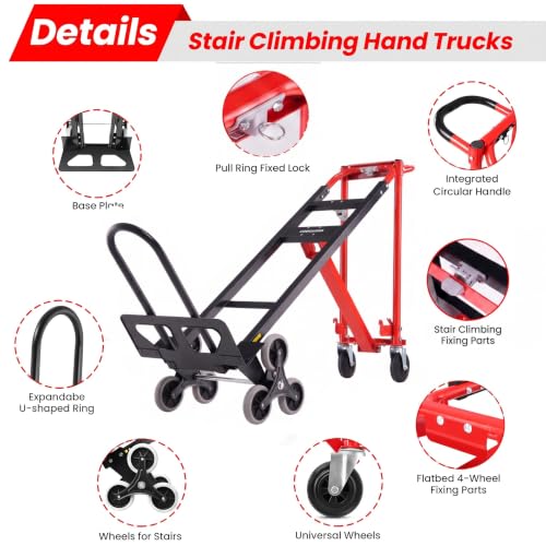 Image of 4-in-1 Hand Trucks Dolly 1000 LBS Stair Climbing Cart, Heavy Duty Industrial Convertible Utility Cart Converts from Hand Trucks Dolly to Platform Cart Folding Stair Climbing Cart (Red)