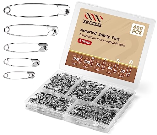 Image of XKDOUS 400 Pack Safety Pins, 5 Universal Sizes Heavy Duty Pins for Clothes | Small & Large Safety Pin Bulk, Silver Sharp Edge Fasteners for Clothing, Dress, Crafting