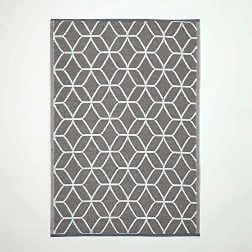 HOMESCAPES Grey Geometric Indoor & Outdoor Rug for Garden Reversible