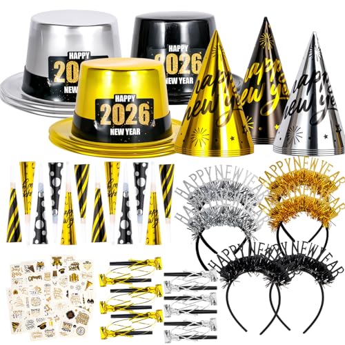 Atonofun 2026 New Years Eve Party Supplies for 24 Guests 60 Pcs New Year Eve Party Hats and Horns Headband Tattoos Blowouts 2026 New Year Party Favors