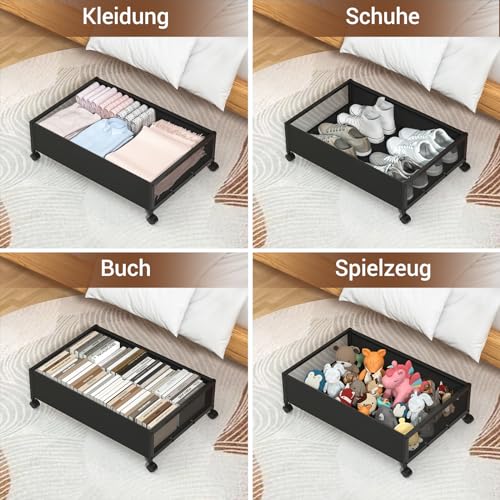 Meisax Unterbett Aufbewahrungsbox, 2 Stück Unterbettkommode mit Rollen und Deckel, Metallrahmen Bettkasten Aufbewahrung, Unterbett Kleidung Aufbewahrung für Decken, Bücher, Spielzeug, Kleidung, Schuhe