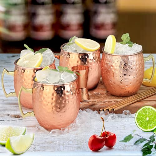 Foto von Moscow Mule Kupferbecher-Set mit 4 Premium Moscow Mule Becher 54cl/540ml 4 Stück Becher aus verkupfertem Edelstahl Großartig für Cocktail Gekühlte Getränk mit 1/0.5oz Double Jigger Löffel Strohhalme
