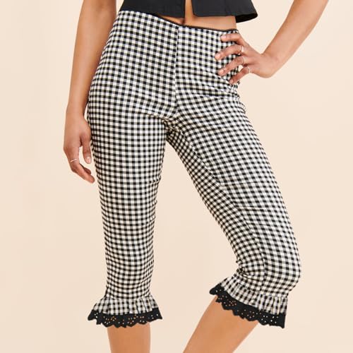 Womens Gingham Capri Pants High Waisted Skinny Fit Lace Cuffs Plaid Short Pants Summer Capris Leggings3