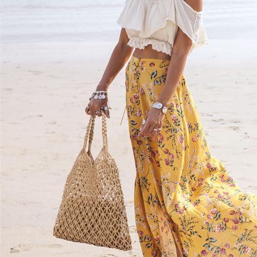 Image of Pleneal Crochet Beach Bags for Women - Women Beach Handmade Tote Bag, Summer Mesh Hollow Shoulder Bag for Holiday Market