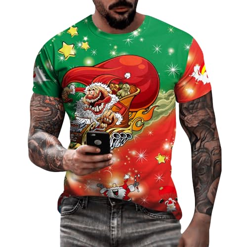 Eciodci Maglietta da uomo con scritta divertente in 3D, motivo albero di Natale, luci di Natale, maglietta a maniche corte per feste allegre, rosso/verde., L