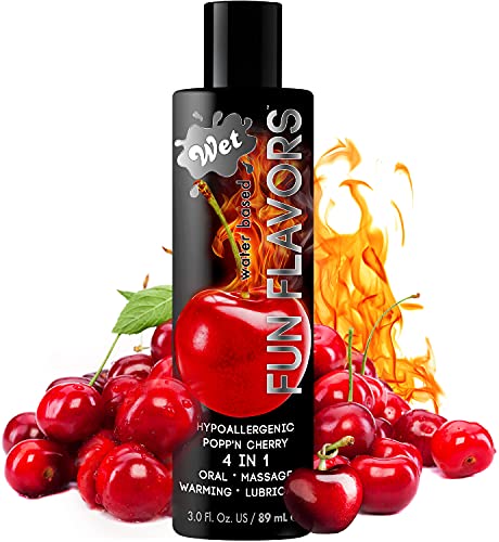 Wet Popp'n Cherry Fruit Flavored Lubricant, Edible Lube, Fun Flavors 4 In 1 Use Oral Massage Warming Water Based Lubricants, 3 Ounce Bottle