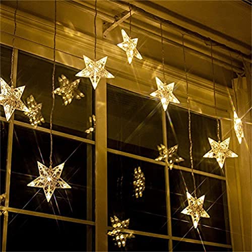 DELICHTER 90 LEDs Weihnachtslichterkette Lichtervorhang, 9 Sterne Lichterkette Innen Außenbereich wasserdicht, Sternenvorhang Warmweiß Deko für Weihnachten Fenster Garten Balkon Cover