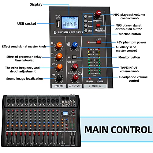 Depusheng DX12 Interface contrôleur de son DJ avec lecteur USB pour enregistrement sur ordinateur Mélangeur audio studio 12 canaux - Prise microphone XLR, alimentation 48 V, entrée/sortie RCA - Image 6