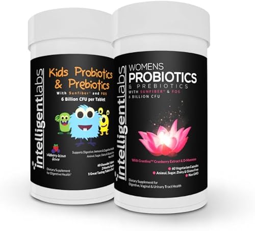 Intelligent Labs Paquete 2 en 1 de probióticos para niños con goma guar hidrolizada y FOS + probióticos para mujer (fórmula UTI con arándano y