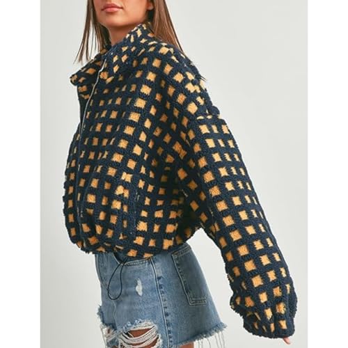Women Y2k Plaid Jacket Fuzzy Zip Up Long Sleeve Warm Oversized Fall Winter Sherpa Fleece Cropped Jackets Coat3