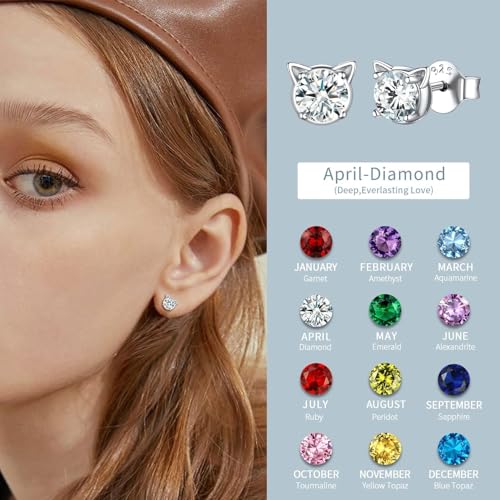 ChicSilver Cute Cat Earrings for Women - Hypoallergenic Sterling Silver Round Birthstone Cat Stud Earrings with Gift Box3