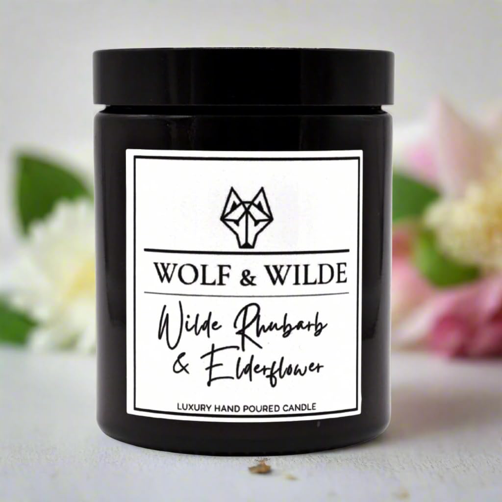 Rhubarb & Elderflower Luxury Aromatherapy Scented Candle in Amber Glass Jar 200g. Handmade in West Yorkshire UK by Wolf & Wilde
