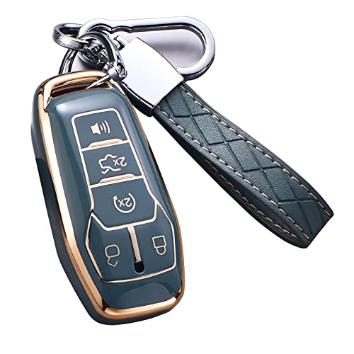 Cacacar for Ford Key Fob Cover with Keychain, Premium Soft TPU Full Protection Key Fob Case for Ford Fusion Mustang F150 Edge Explorer Lincoln MKZ MKC MKX Smart Remote Key Protector (Size B-grey)