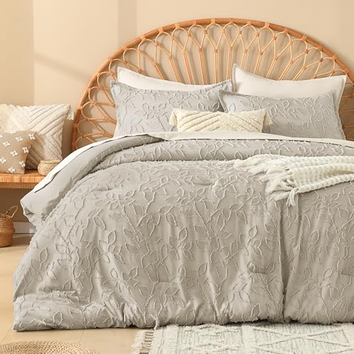 Image of Litanika King Size Comforter Set Oatmeal, 3 Piece Khaki Boho Tufted Bedding, Beige Fluffy Farmhouse Bed Set for All Season with 2 Leaf Pattern Pillowcases(104x90In)