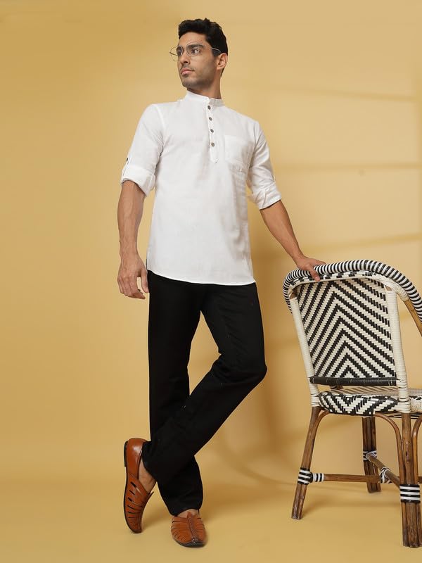 Image of Vastraa Fusion Men's Handloom Weaving Pure Cotton Short Kurta, Round Collar, Full Sleeves,Button Kurta, Ethnic Wear