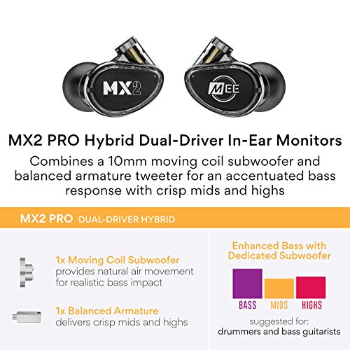 Image of MEE audio Professional MX2 PRO Dual-Driver Hybrid Musician's in Ear Monitor Headphones with Dedicated Subwoofer for Realistic Bass, Noise Isolating Earphones with Detachable Cables, Black