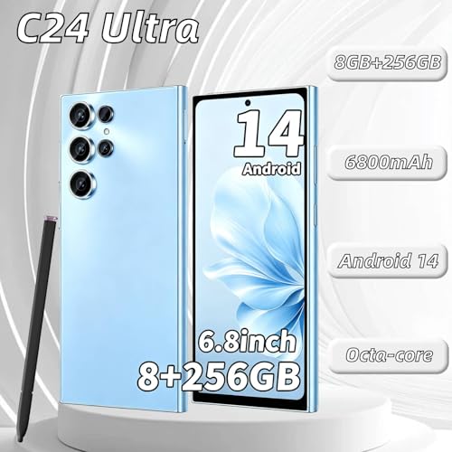 Image of C24 Ultra Unlocked Phone, 8GB+256GB Large Storage Smart Phone, | Android 14 Cell Phone, 6800 mAh Battery, 6.8-inch /5G Dual SIM [Works with T-Mobile, AT&T] Blue