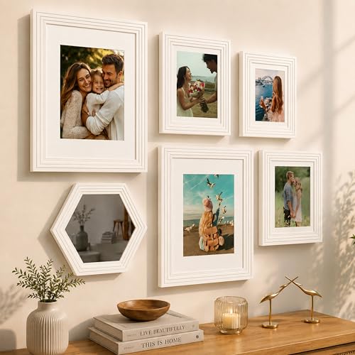 Image of Art Street White Gallery Wall Photo Frame Set with Hexagon Mirror | Modern Collage Timeline Wall Decor for Living Room, Bedroom & Family Memories | Multi Size Frame Set
