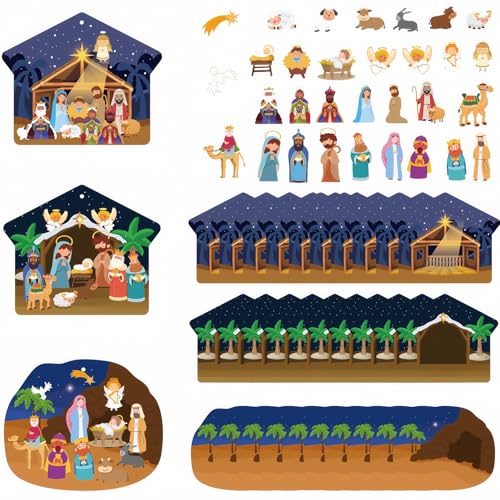 30 Sets Religious Crafts Nativity Stickers for Holy Night Religious Party Jesus Christmas Tree Kids Christmas Jesus Birth Activities Party Supplies with Scene Cardboard and Rope