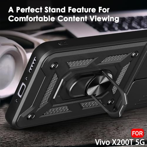 Image of TheGiftKart Tough Armor Bumper Back Cover Case for Vivo X200T 5G | Kickstand & Ring Holder | 360 Degree Protection Back Cover Case for Vivo X200T 5G (PC & TPU, Rotating Camera Cover, Black)