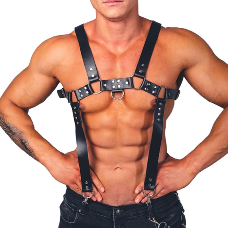 WRWMSLGO Men's Body Chest Harness Belt Strap, PU Leather Punk Harness Belt with Adjustable Buckles, Cosplay Costume Nightclub Clubwear Party Club Masquerade Fetish Bondage